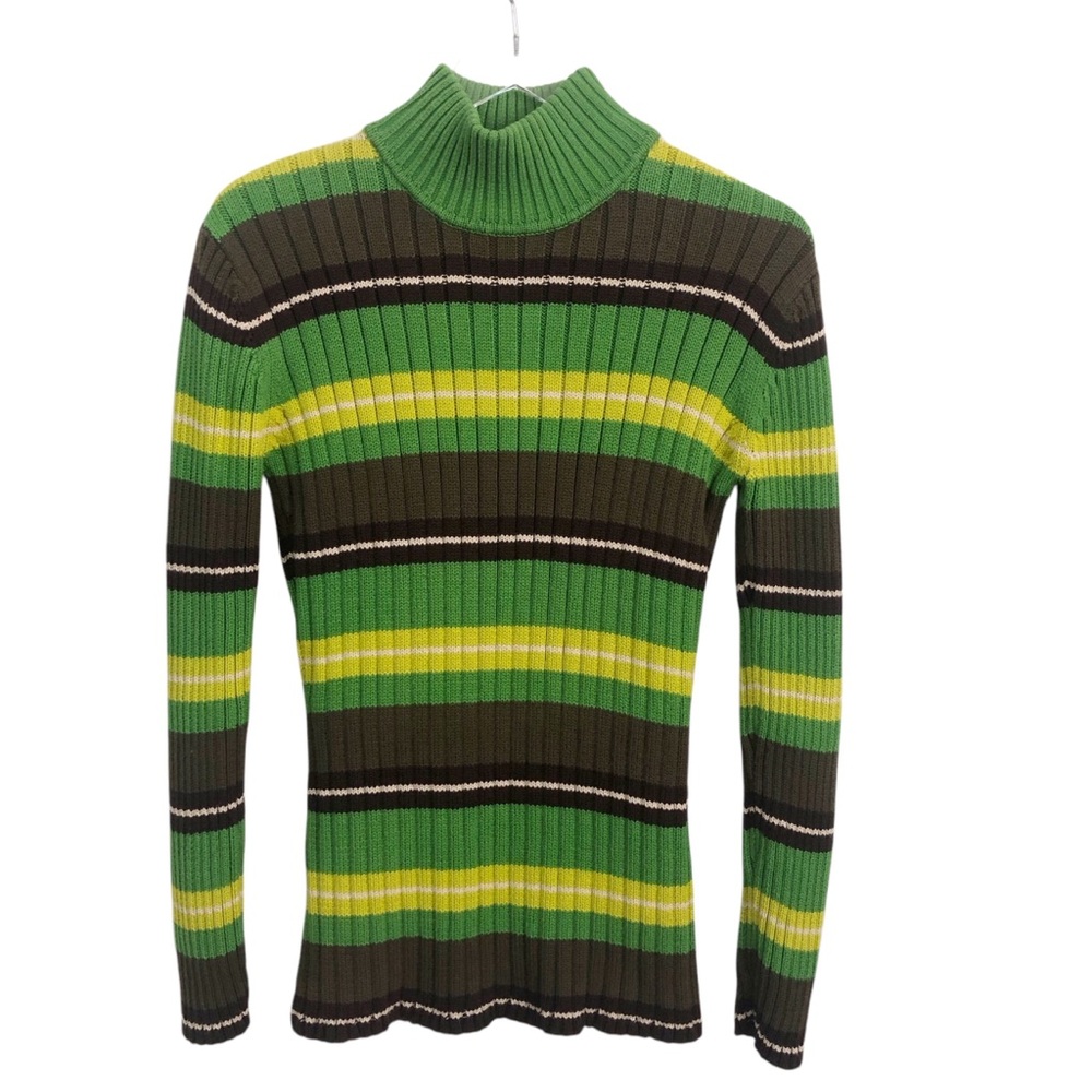 Vintage Y2K Green Brown Stripe Ribbed Mock Turtleneck Small